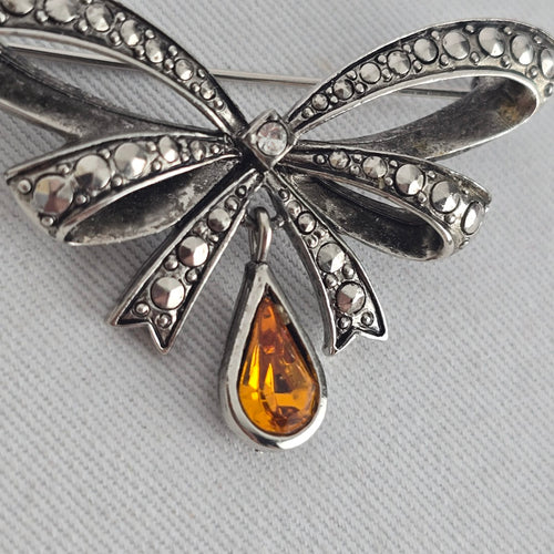 Vintage Avon Silver-Tone Bow Brooch with Amber Teardrop Rhinestone