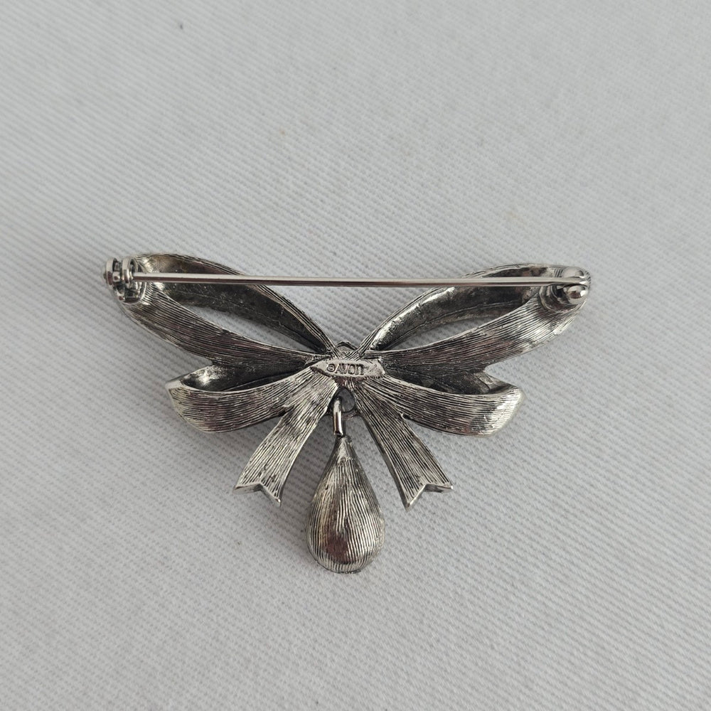 Vintage Avon Silver-Tone Bow Brooch with Amber Teardrop Rhinestone