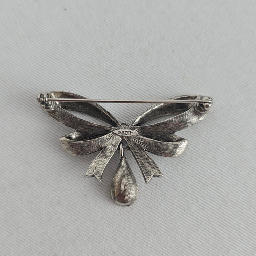 Vintage Avon Silver-Tone Bow Brooch with Amber Teardrop Rhinestone