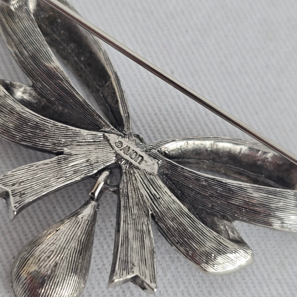 Vintage Avon Silver-Tone Bow Brooch with Amber Teardrop Rhinestone