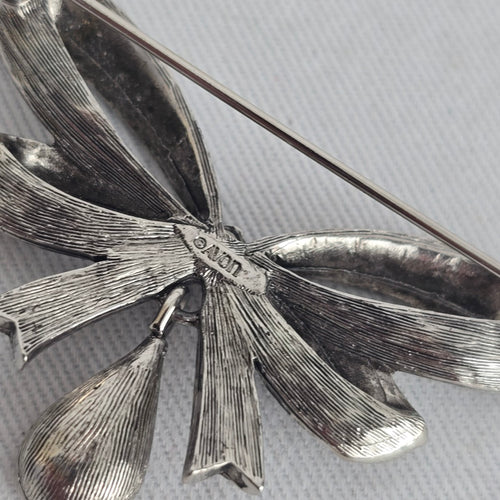 Vintage Avon Silver-Tone Bow Brooch with Amber Teardrop Rhinestone