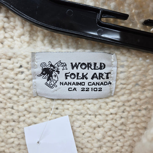World Folk Art 100% Wool Cream Hand Knit Zip Cardigan Sweater - Size M/L