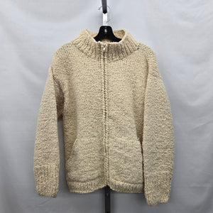 World Folk Art 100% Wool Cream Hand Knit Zip Cardigan Sweater - Size M/L