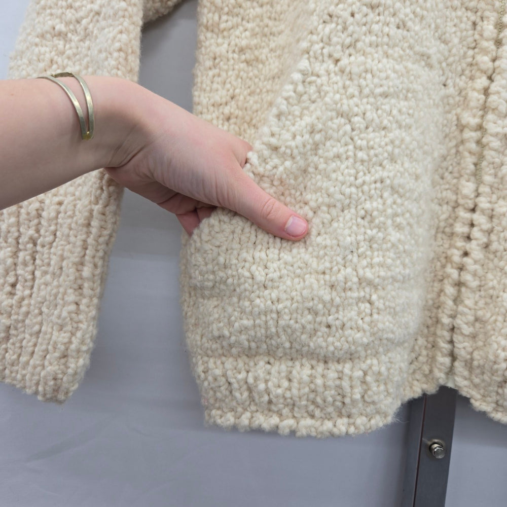 World Folk Art 100% Wool Cream Hand Knit Zip Cardigan Sweater - Size M/L