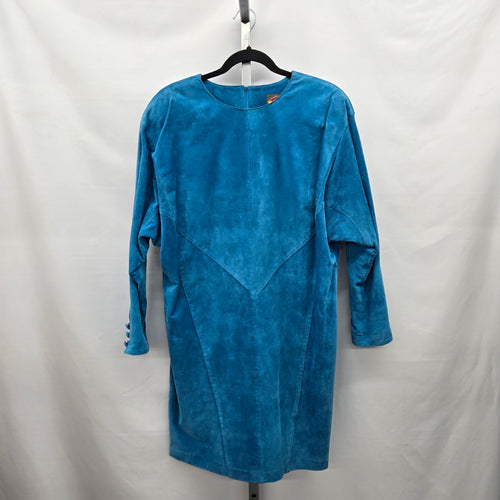 Vintage Bagatelle Sport Turquoise Blue Suede Leather Long Sleeve Dress – Size 10