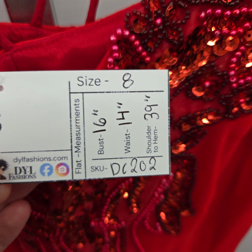 Lori Ann Red Beaded Sequin Chiffon Formal Midi Dress – Size 8