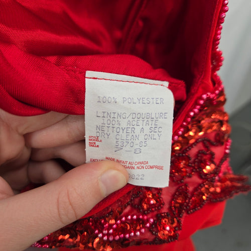 Lori Ann Red Beaded Sequin Chiffon Formal Midi Dress – Size 8