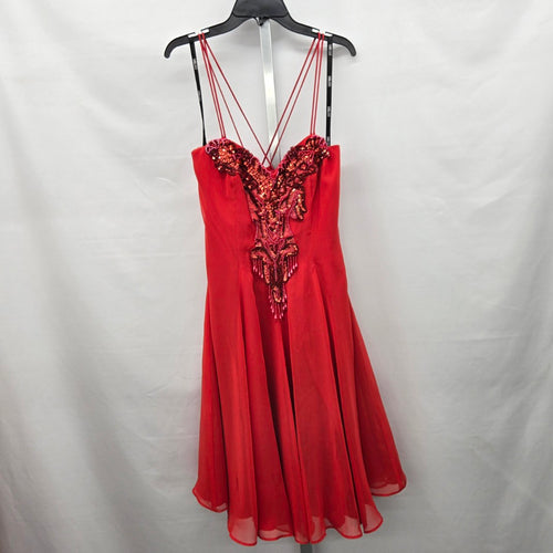 Lori Ann Red Beaded Sequin Chiffon Formal Midi Dress – Size 8