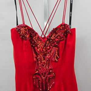 Lori Ann Red Beaded Sequin Chiffon Formal Midi Dress – Size 8
