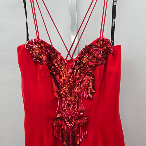 Lori Ann Red Beaded Sequin Chiffon Formal Midi Dress – Size 8