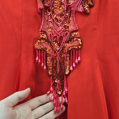 Lori Ann Red Beaded Sequin Chiffon Formal Midi Dress – Size 8