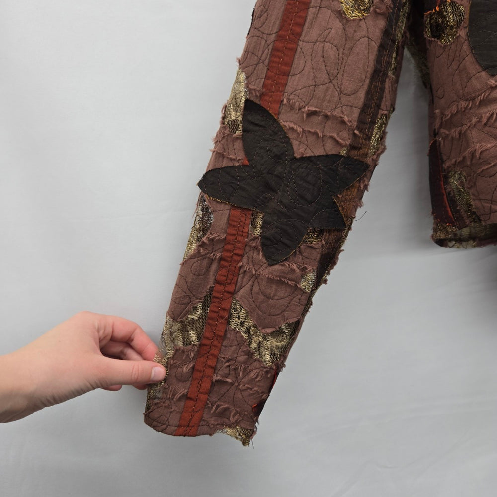 Bantry Bay Brown Patchwork Lace Appliqué Open-Front Jacket Cardigan - Size M