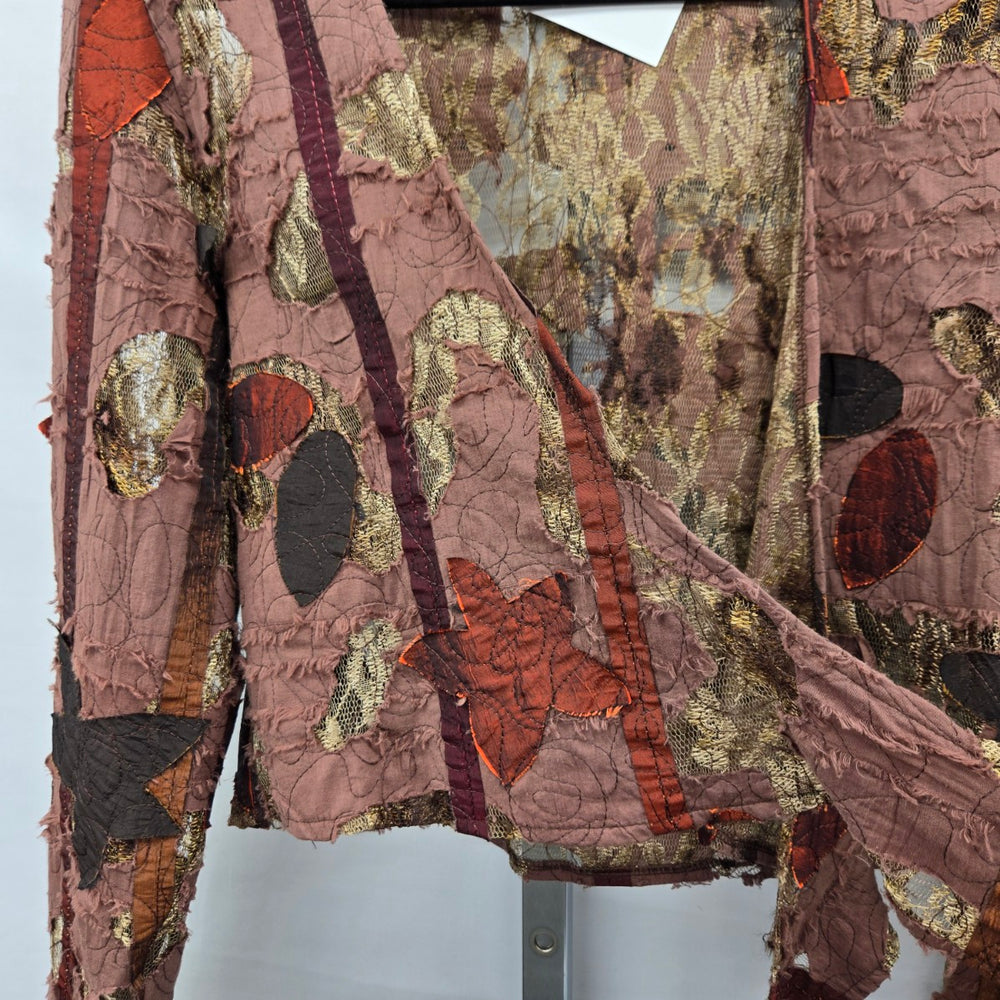 Bantry Bay Brown Patchwork Lace Appliqué Open-Front Jacket Cardigan - Size M