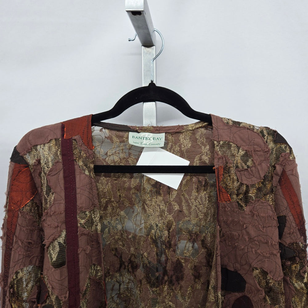 Bantry Bay Brown Patchwork Lace Appliqué Open-Front Jacket Cardigan - Size M