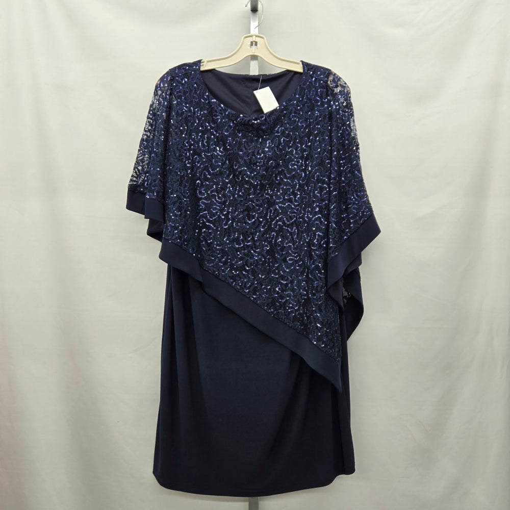 Navy Blue Sequin Lace Overlay Cape Dress - Size XL