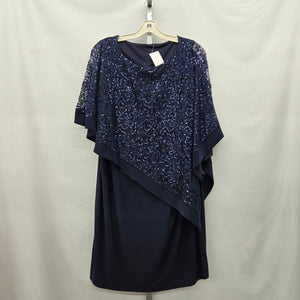 Navy Blue Sequin Lace Overlay Cape Dress - Size XL