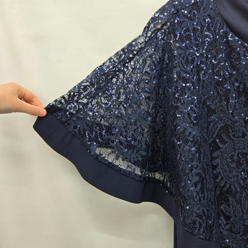 Navy Blue Sequin Lace Overlay Cape Dress - Size XL