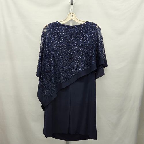 Navy Blue Sequin Lace Overlay Cape Dress - Size XL