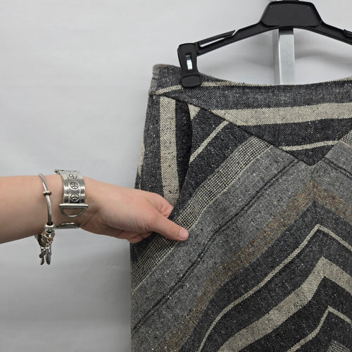 Vintage Chevron Stripe Tweed A-Line Midi Skirt Grey Black Cream - Size S