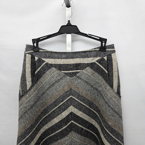 Vintage Chevron Stripe Tweed A-Line Midi Skirt Grey Black Cream - Size S