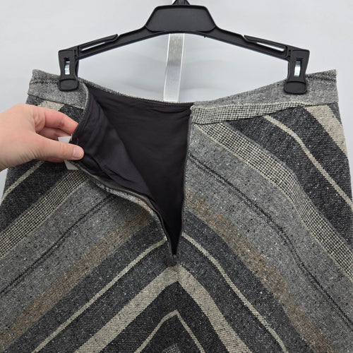 Vintage Chevron Stripe Tweed A-Line Midi Skirt Grey Black Cream - Size S