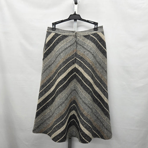 Vintage Chevron Stripe Tweed A-Line Midi Skirt Grey Black Cream - Size S