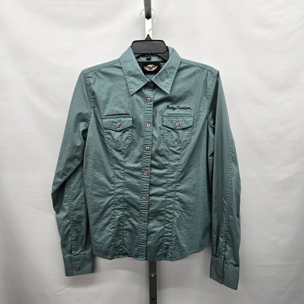 Harley-Davidson Motor Clothes Stretch Cotton Button-Up Shirt Sage Green - Size L