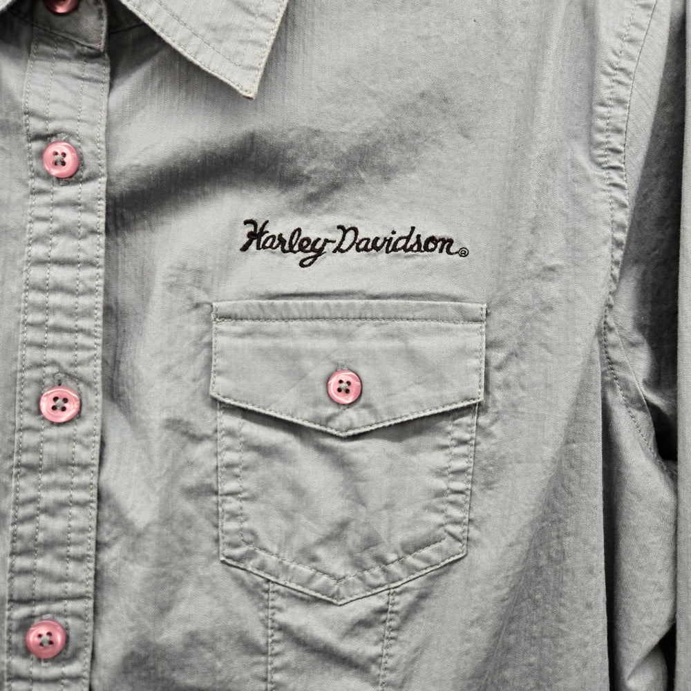 Harley-Davidson Motor Clothes Stretch Cotton Button-Up Shirt Sage Green - Size L