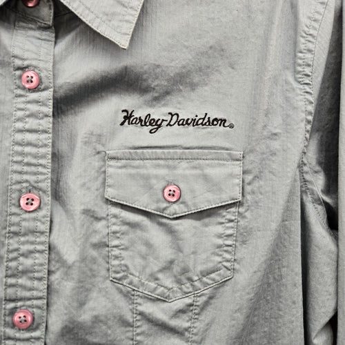 Harley-Davidson Motor Clothes Stretch Cotton Button-Up Shirt Sage Green - Size L