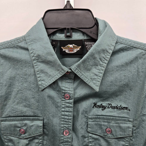 Harley-Davidson Motor Clothes Stretch Cotton Button-Up Shirt Sage Green - Size L