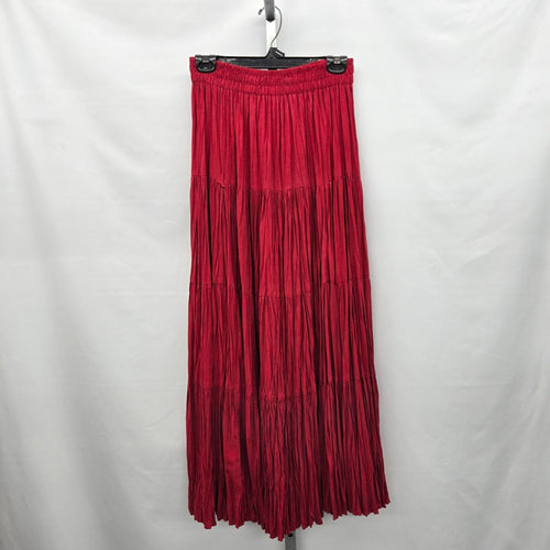Vintage Red Tiered  Bohemian Crinkle Viscose Maxi Skirt - Size S