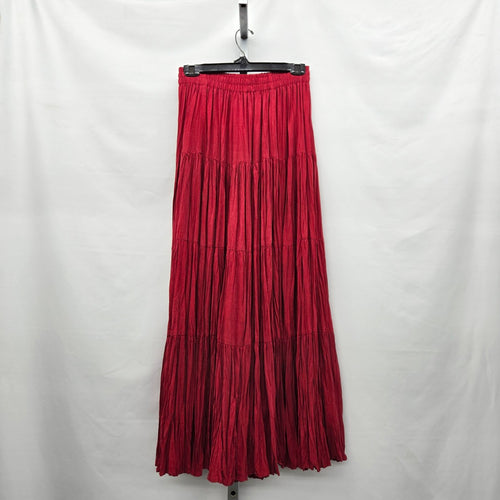Vintage Red Tiered  Bohemian Crinkle Viscose Maxi Skirt - Size S
