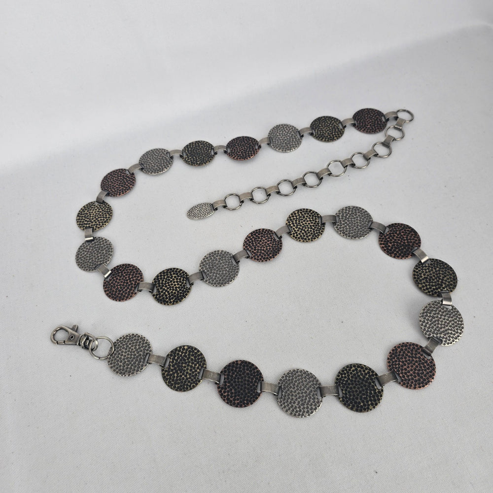 Mixed Metal Hammered Disc Chain Belt – Adjustable Boho Statement Belt Size M/L