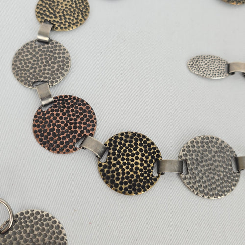 Mixed Metal Hammered Disc Chain Belt – Adjustable Boho Statement Belt Size M/L
