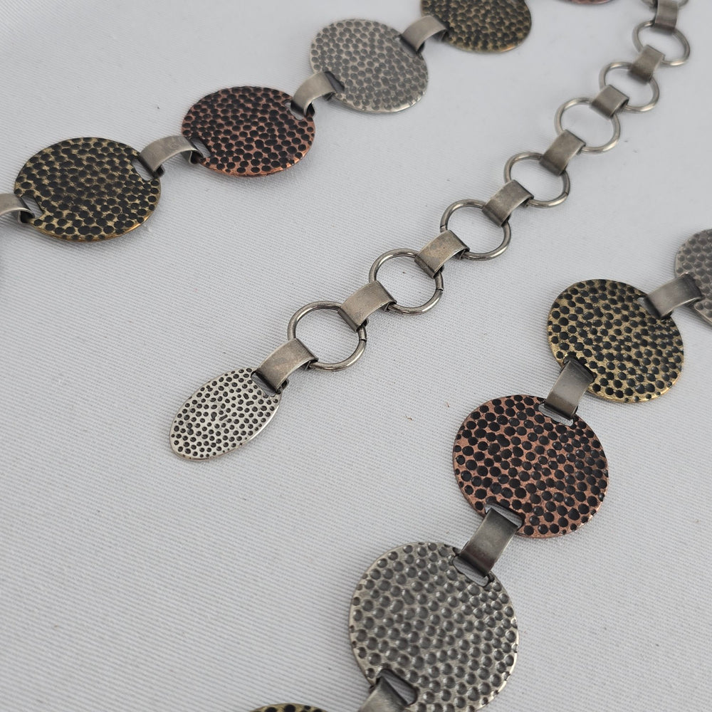 Mixed Metal Hammered Disc Chain Belt – Adjustable Boho Statement Belt Size M/L