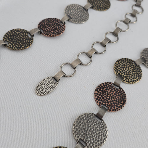 Mixed Metal Hammered Disc Chain Belt – Adjustable Boho Statement Belt Size M/L