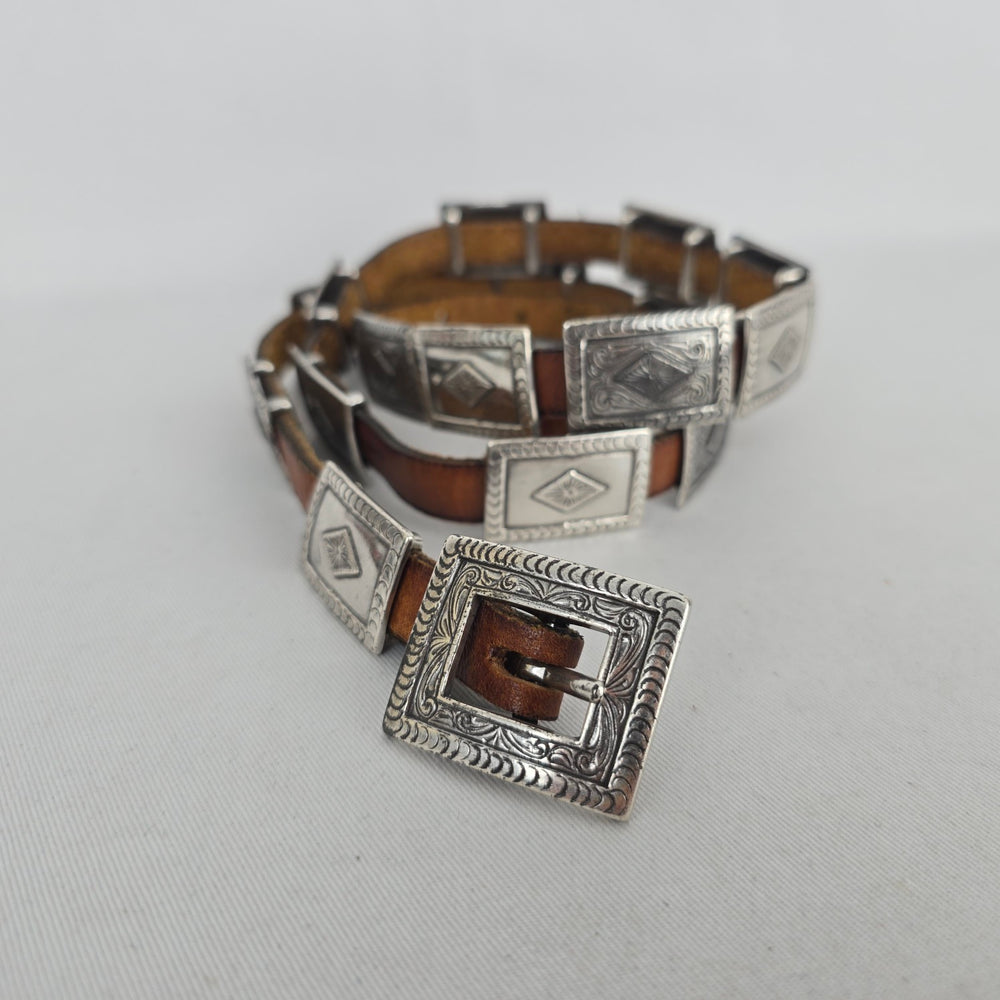 Brown Leather Western Concho Belt with Silver-Tone Engraved Hardware Size S/M