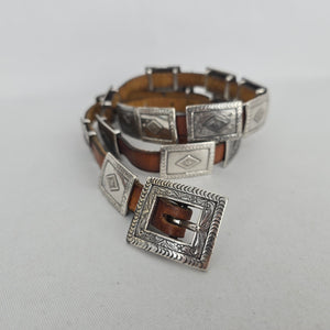 Brown Leather Western Concho Belt with Silver-Tone Engraved Hardware Size S/M