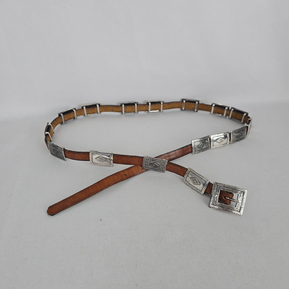 Brown Leather Western Concho Belt with Silver-Tone Engraved Hardware Size S/M