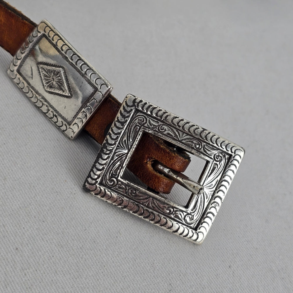 Brown Leather Western Concho Belt with Silver-Tone Engraved Hardware Size S/M