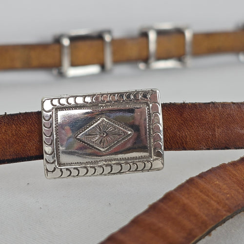 Brown Leather Western Concho Belt with Silver-Tone Engraved Hardware Size S/M