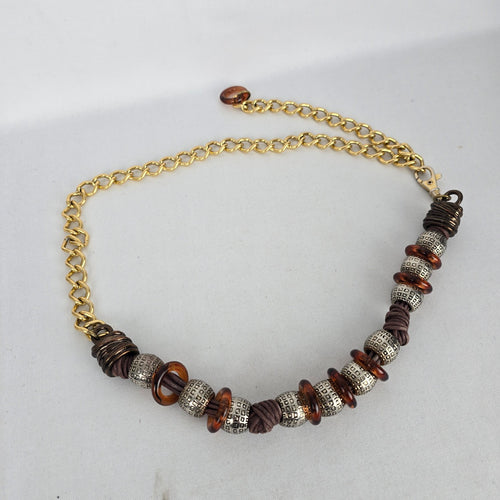 Gold-Tone Chain Belt with Silver Beads & Amber Rings – Adjustable Boho Belt Size M