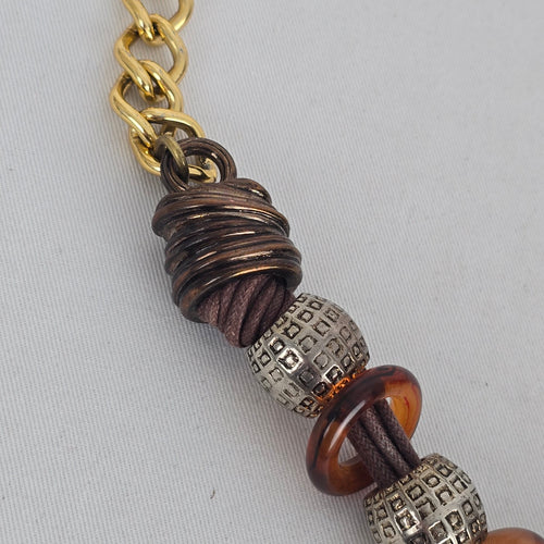 Gold-Tone Chain Belt with Silver Beads & Amber Rings – Adjustable Boho Belt Size M