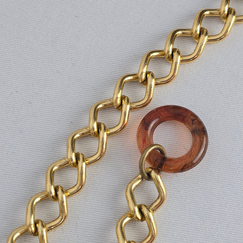 Gold-Tone Chain Belt with Silver Beads & Amber Rings – Adjustable Boho Belt Size M