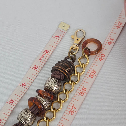 Gold-Tone Chain Belt with Silver Beads & Amber Rings – Adjustable Boho Belt Size M