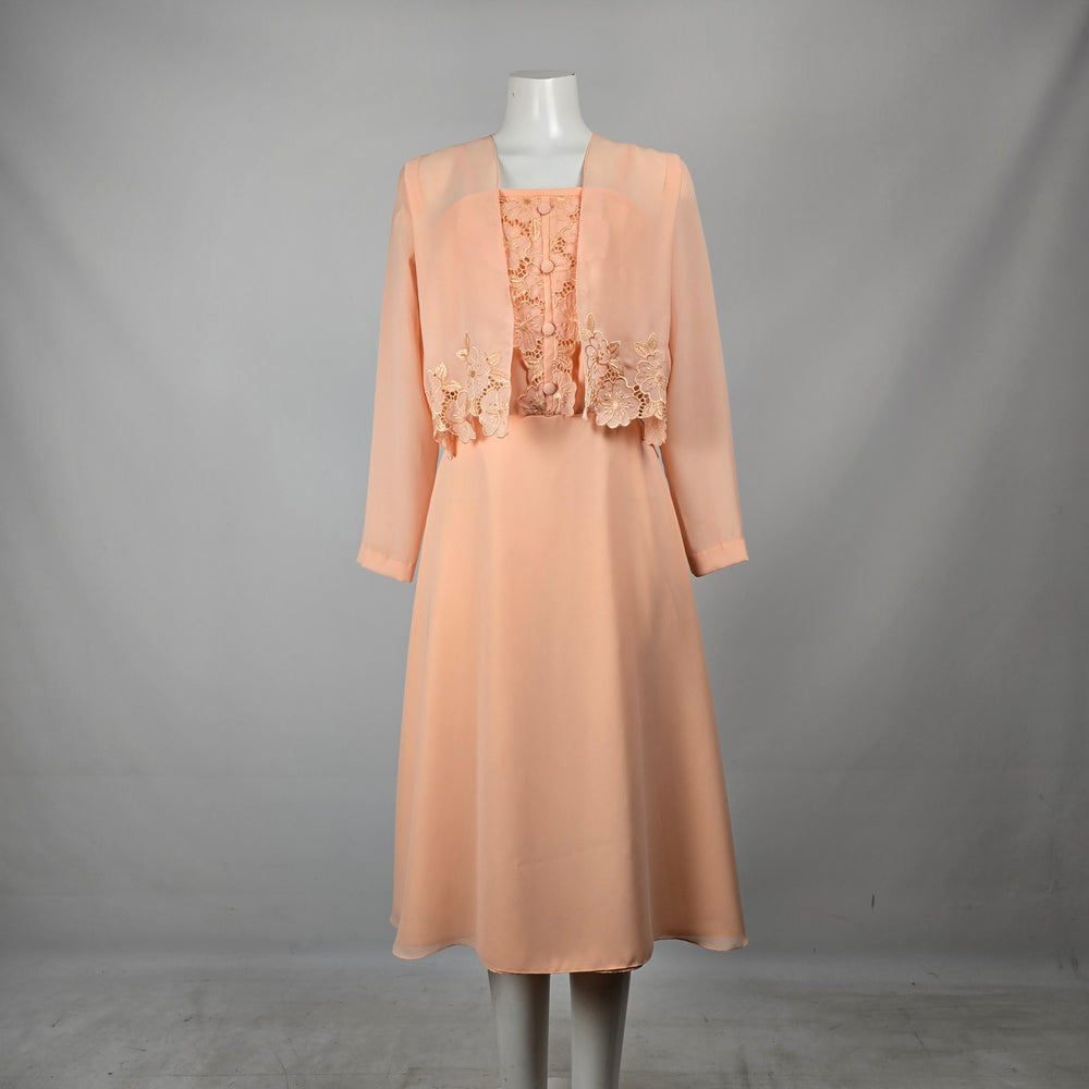 Vintage Peach Chiffon Floral Lace Midi Dress & Bolero Jacket Set - Size S