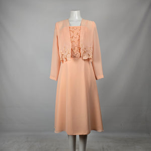 Vintage Peach Chiffon Floral Lace Midi Dress & Bolero Jacket Set - Size S