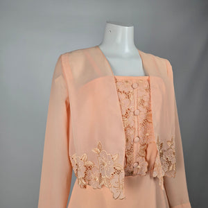 Vintage Peach Chiffon Floral Lace Midi Dress & Bolero Jacket Set - Size S