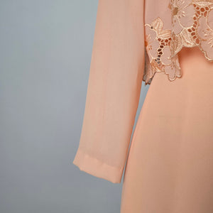 Vintage Peach Chiffon Floral Lace Midi Dress & Bolero Jacket Set - Size S