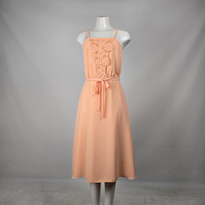 Vintage Peach Chiffon Floral Lace Midi Dress & Bolero Jacket Set - Size S
